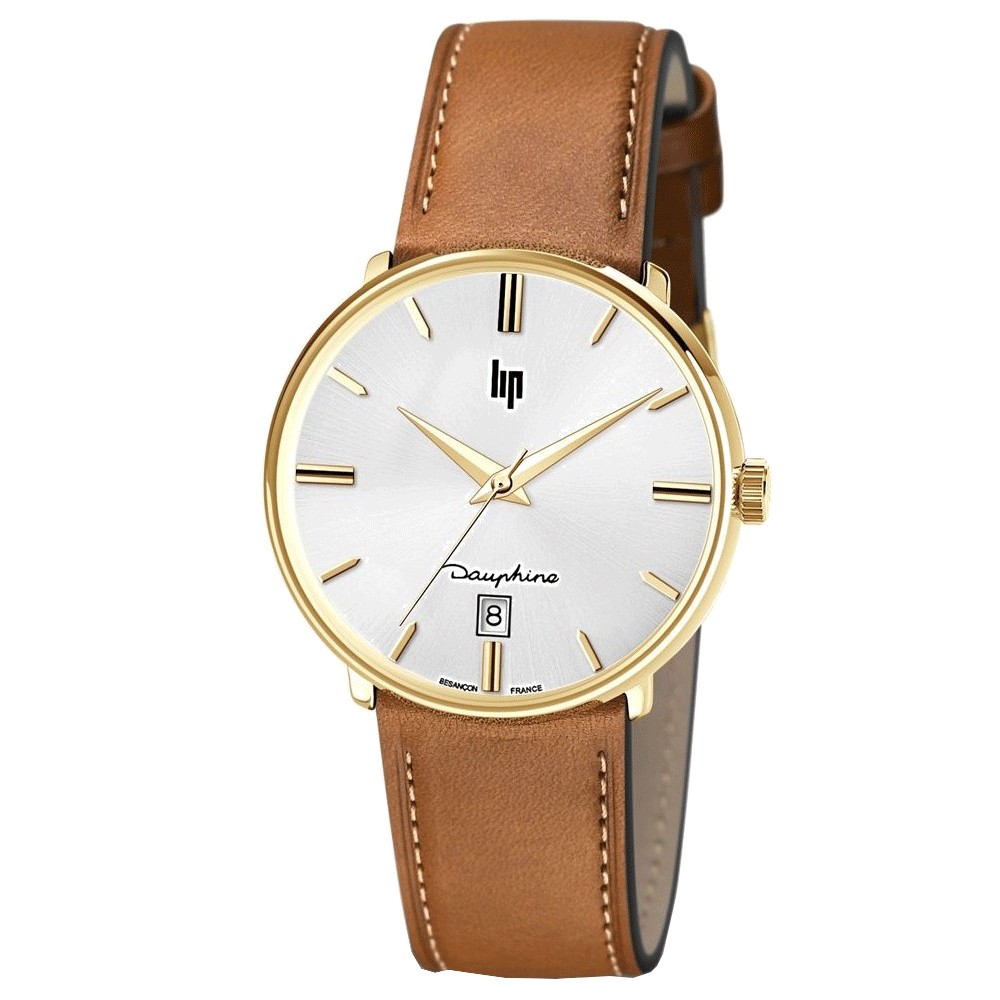 Montre Lip Dauphine quartz acier PVD doré cadran argent bracelet cuir brun 38 mm
