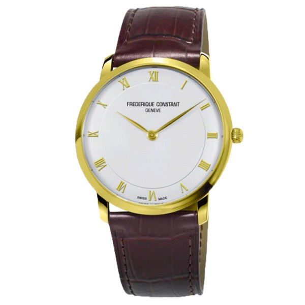 Montre Frédérique Constant Slimline quartz cadran blanc bracelet cuir marron 39 mm