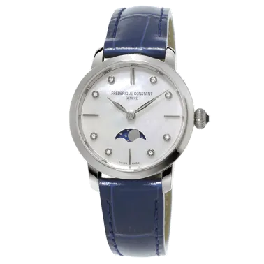 Montre Frédérique Constant Slimline Moonphase quartz cadran nacre bracelet cuir bleu 30 mm