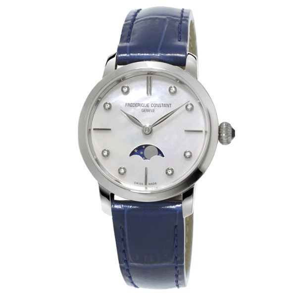 Montre Frédérique Constant Slimline Moonphase quartz cadran nacre bracelet cuir bleu 30 mm