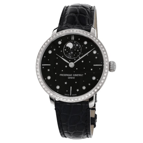 Montre Frédérique Constant Slimline Moonphase Stars automatique cadran noir diamants bracelet cuir alligator verni 38,8 mm