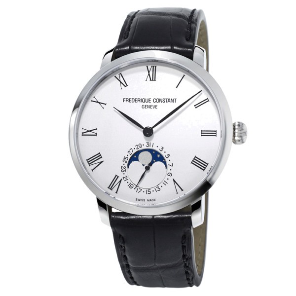 Montre Frédérique Constant Slimline Moonphase automatique cadran blanc chiffres romains bracelet cuir noir 42 mm