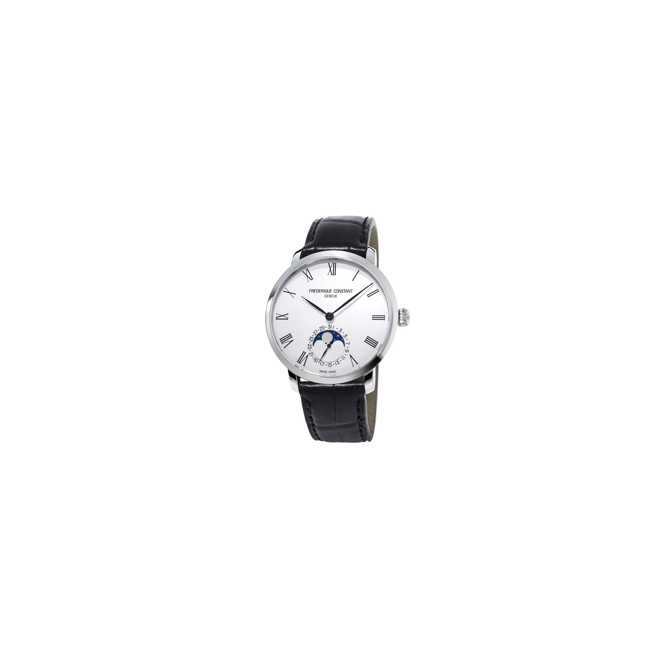 Montre Frederique Constant Slimline Moonphase automatique cadran blanc chiffres romains bracelet cuir noir 42 mm