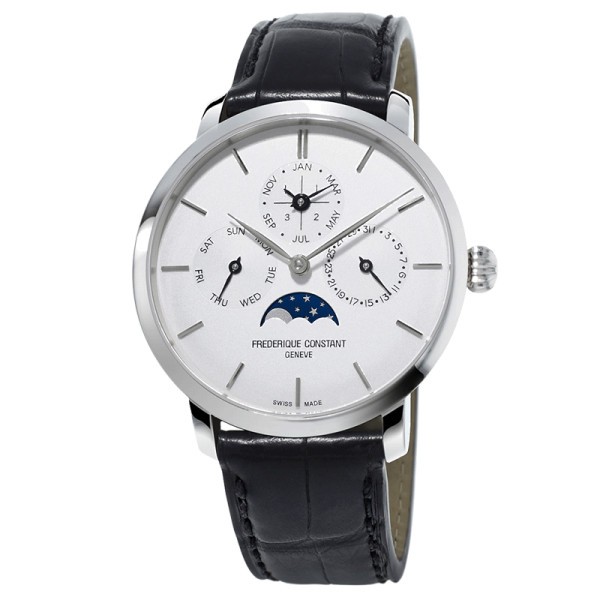 Montre Frédérique Constant Slimline Perpetual Calendar automatique cadran blanc bracelet cuir alligator noir 42 mm