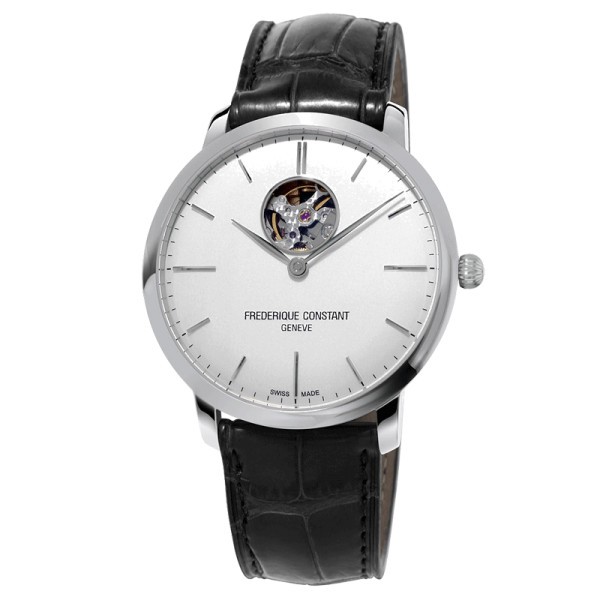 Montre Frédérique Constant Slimline Heart Beat automatique cadran argenté bracelet cuir noir 40 mm