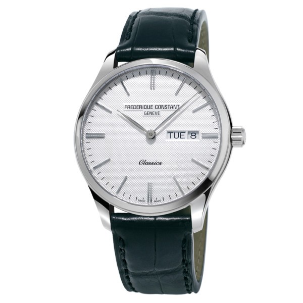 Montre Frédérique Constant Classics quartz cadran argenté bracelet cuir noir façon croco 40 mm