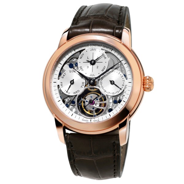 Montre Frédérique Constant Quantième Perpétuel Tourbillon Manufacture automatique cadran squelette bracelet cuir alligator 42 mm