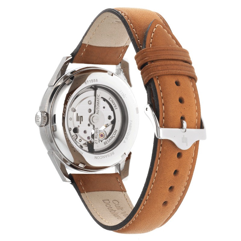 Montre Lip Himalaya Cœur Battant automatique cadran blanc bracelet cuir brun 40 mm