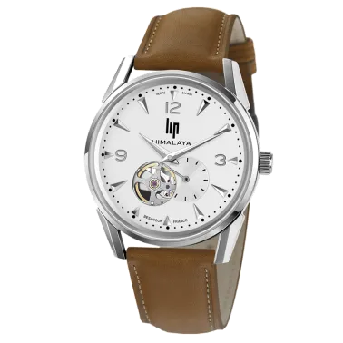 Montre Lip Himalaya Cœur Battant automatique cadran blanc bracelet cuir brun 40 mm
