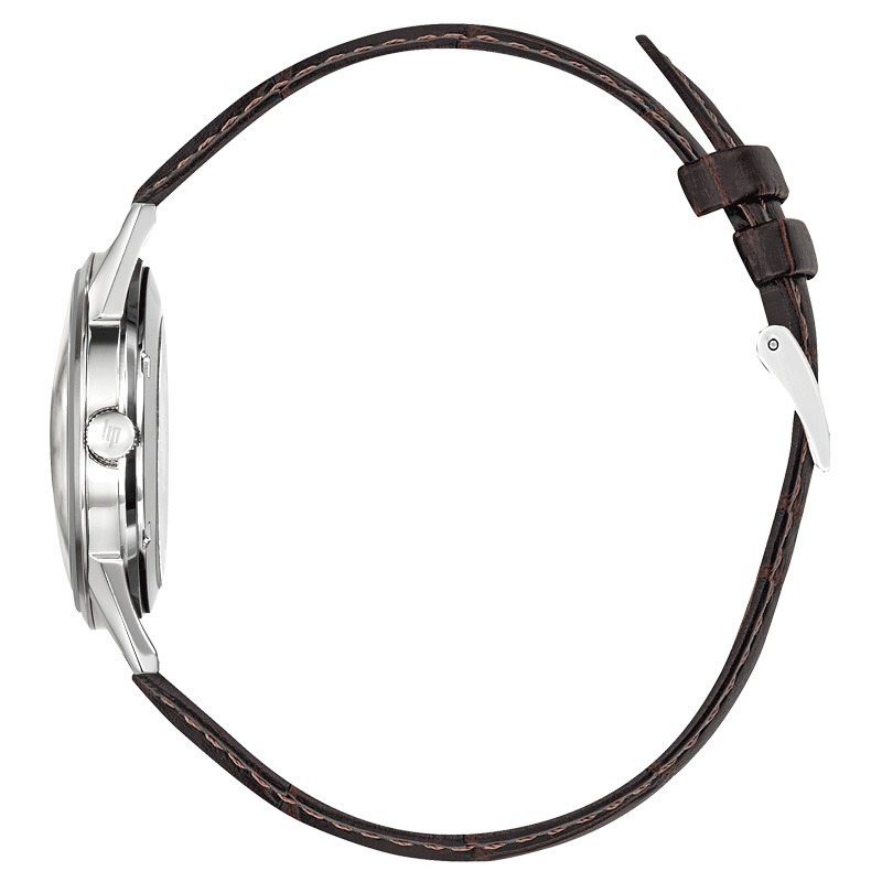 Montre Lip Himalaya quartz cadran argent bracelet cuir marron 35 mm