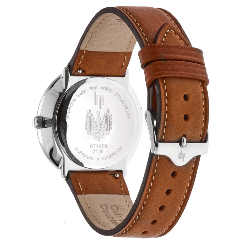 Montre Lip Dauphine quartz cadran argent bracelet cuir brun 38 mm