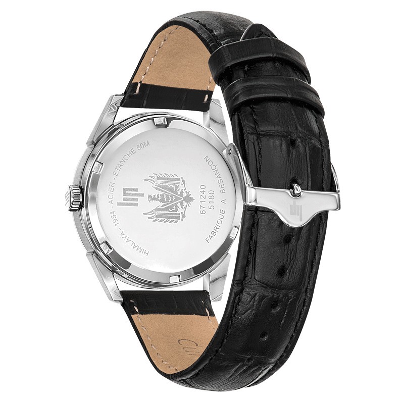 Montre Lip Himalaya quartz cadran argent bracelet cuir noir 40 mm