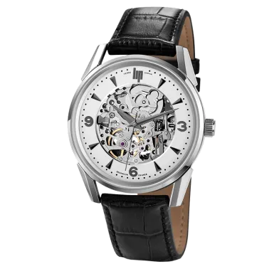 Montre Lip Himalaya Squelette automatique cadran argent bracelet cuir noir 40 mm