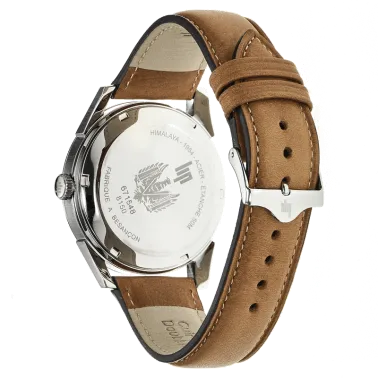 Montre Lip Himalaya quartz cadran argent petite seconde bracelet cuir brun 40 mm