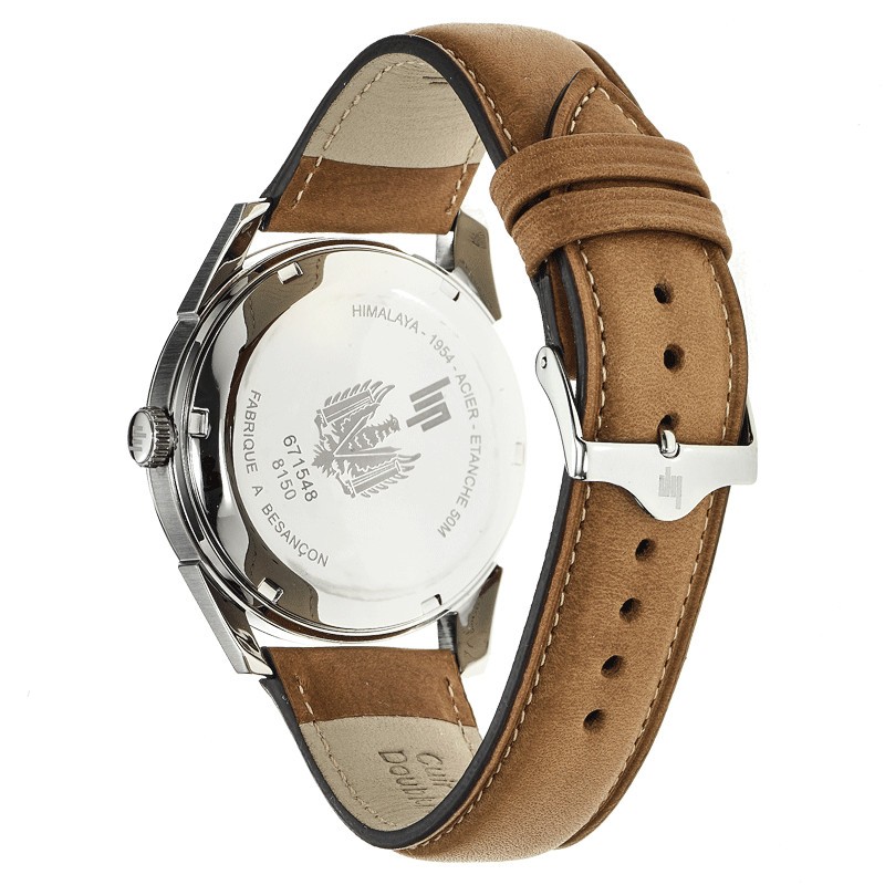 Montre Lip Himalaya quartz cadran argent petite seconde bracelet cuir brun 40 mm