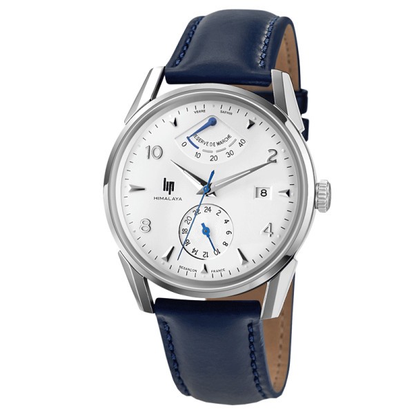 Montre Lip Himalaya Réserve de Marche automatique cadran blanc bracelet cuir bleu 40 mm