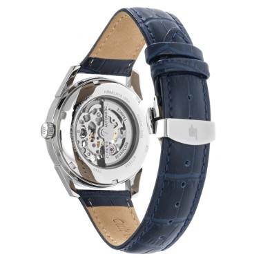 Montre Lip Himalaya Squelette automatique cadran argent bracelet cuir bleu 40 mm