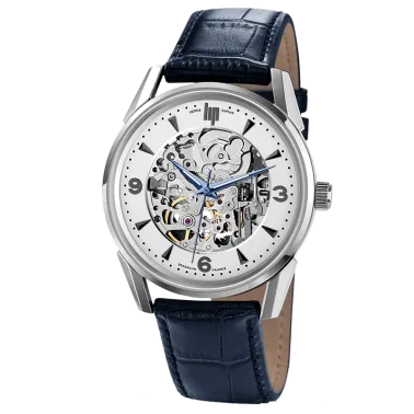 Montre Lip Himalaya Squelette automatique cadran argent bracelet cuir bleu 40 mm