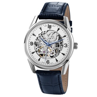 Montre Lip Himalaya Squelette automatique cadran argent bracelet cuir bleu 40 mm