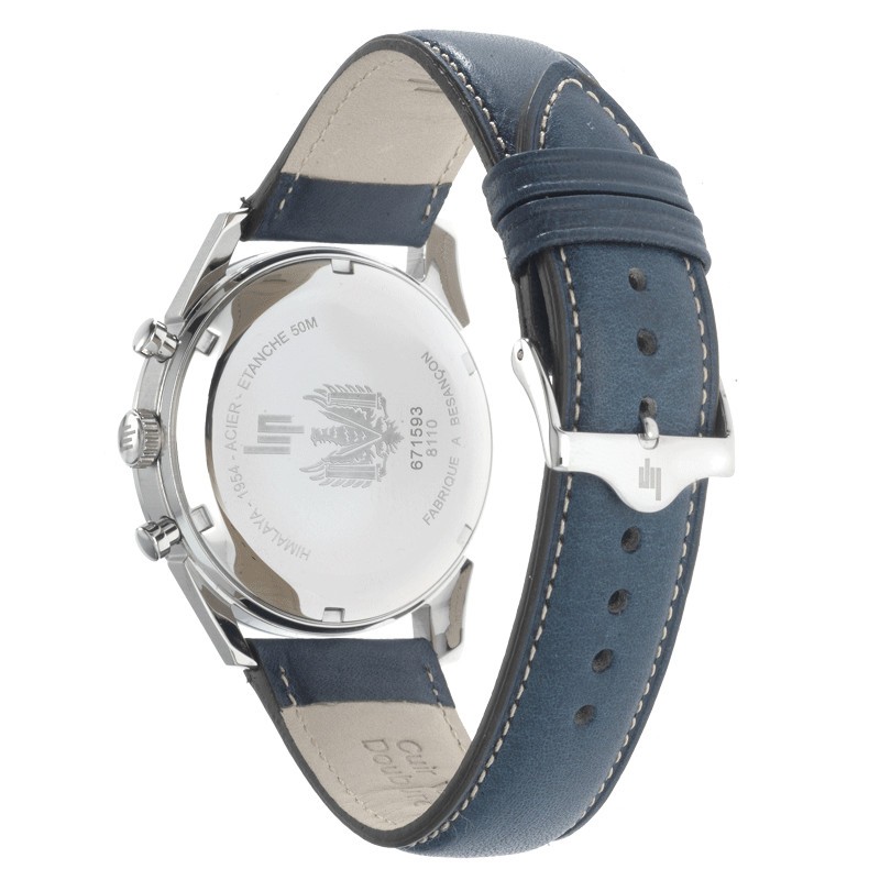 Montre Lip Himalaya Chronographe quartz cadran blanc bracelet cuir bleu 40 mm