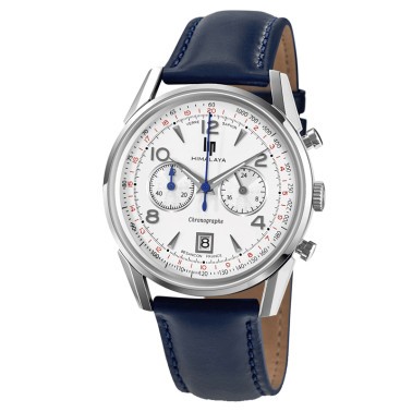 Montre Lip Himalaya Chronographe quartz cadran blanc bracelet cuir bleu 40 mm