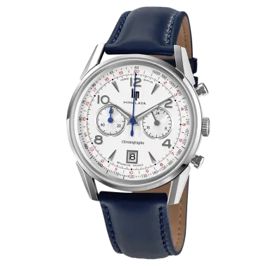 Montre Lip Himalaya Chronographe quartz cadran blanc bracelet cuir bleu 40 mm
