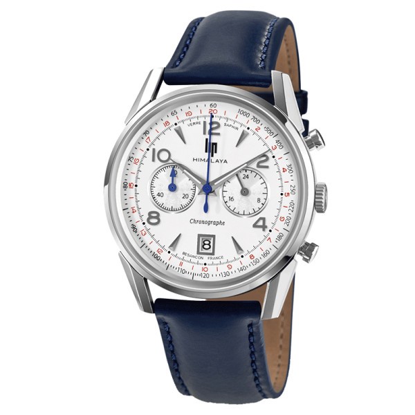 Montre Lip Himalaya Chronographe quartz cadran blanc bracelet cuir bleu 40 mm