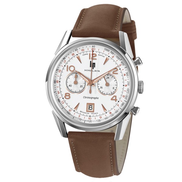 Montre Lip Himalaya Chronographe quartz cadran blanc bracelet cuir brun 40 mm