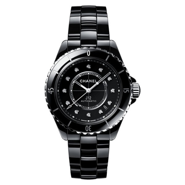 Montre Chanel J12 cadran noir index diamants bracelet céramique 38 mm