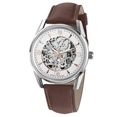 Montre Lip Himalaya Squelette automatique cadran argent bracelet cuir marron 40 mm