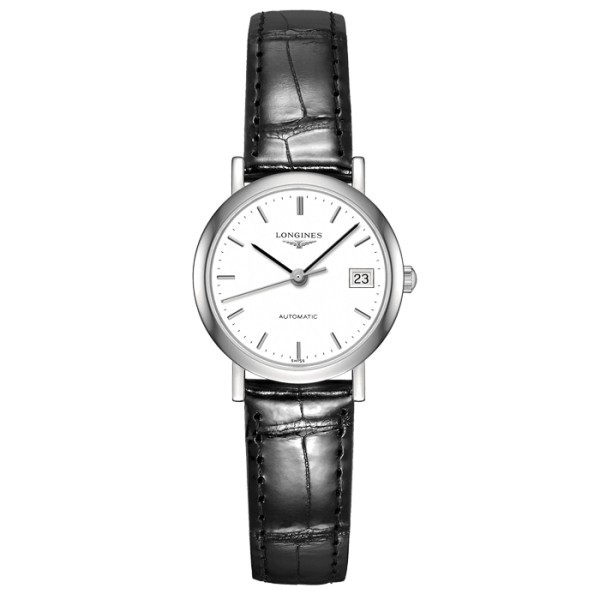 Montre Longines Elegant Collection automatique cadran blanc bracelet cuir noir 25,5 mm