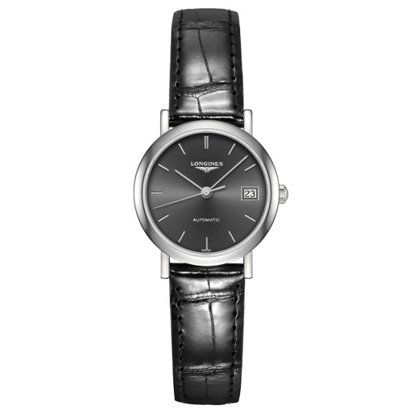 Montre Longines Elegant Collection automatique cadran gris bracelet croco noir 25,5 mm