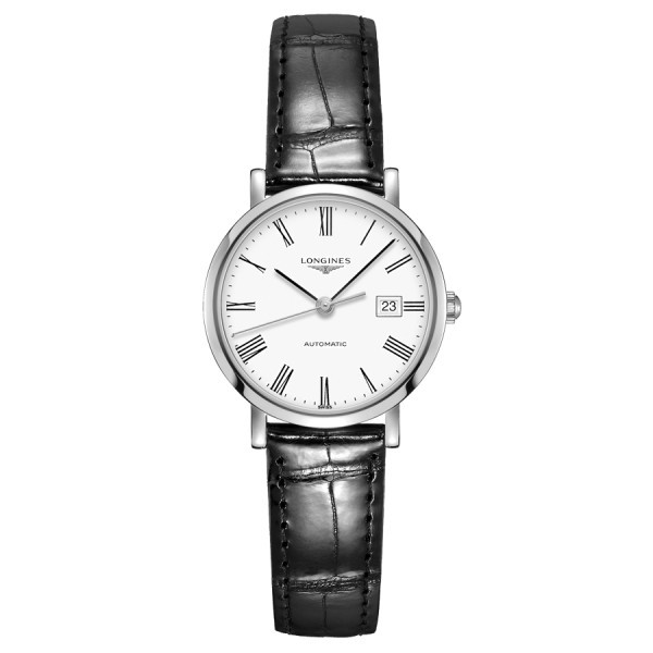 Montre Longines Elegant Collection automatique cadran blanc chiffres romains bracelet cuir noir 29 mm