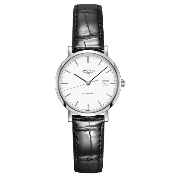 Montre Longines Elegant Collection automatique cadra blanc bracelet cuir noir 29 mm
