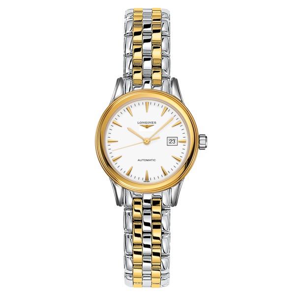 Montre Longines Flagship automatique cadran blanc index dorés bracelet acier bicolore 30 mm