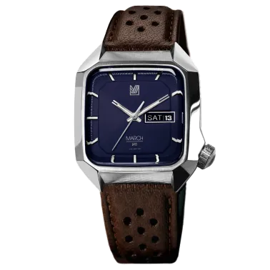 Montre March LA.B AM2 Navy Electric bracelet cuir de buffle perforé marron 39 mm