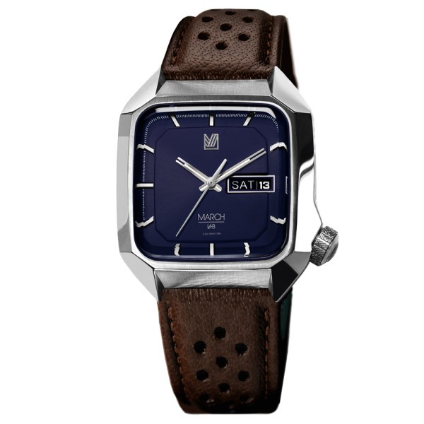 Montre March LA.B AM2 Navy Electric bracelet cuir de buffle perforé marron 39 mm