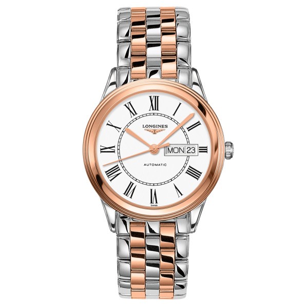 Montre Longines Flagship automatique cadran blanc chiffres romains bracelet acier bicolore 38,5 mm