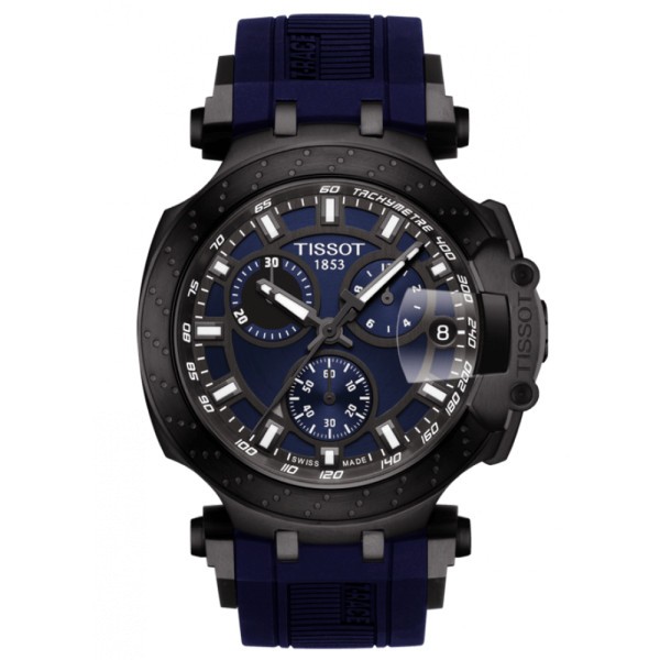 Montre Tissot T-Race Chronograph quartz acier PVD noir cadran bleu bracelet silicone bleu 43 mm