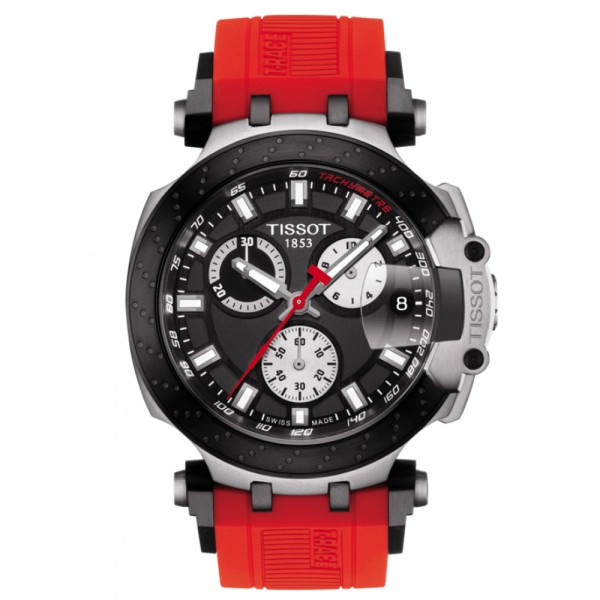 Montre Tissot T-Race Chronograph quartz cadran noir bracelet silicone rouge 43 mm