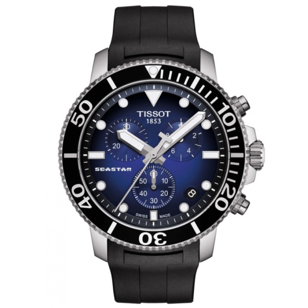 Montre Tissot T-Sport Seastar 1000 Chronograph quartz cadran bleu bracelet caoutchouc noir 45,5 mm