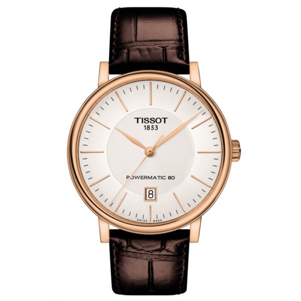 Montre Tissot T-Classic Carson Premium Powermatic 80 acier PVD doré rose bracelet cuir brun 40 mm