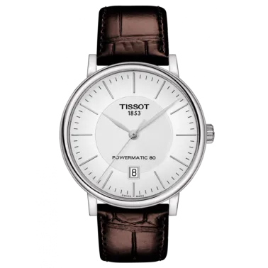 Montre Tissot T-Classic Carson Premium Powermatic 80 cadran argenté bracelet cuir brun 40 mm
