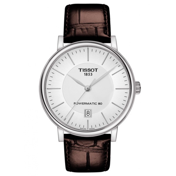 Montre Tissot T-Classic Carson Premium Powermatic 80 cadran argenté bracelet cuir brun 40 mm