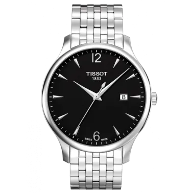 Montre Tissot T-Classic Tradition quartz cadran noir chiffres arabes bracelet acier 42 mm