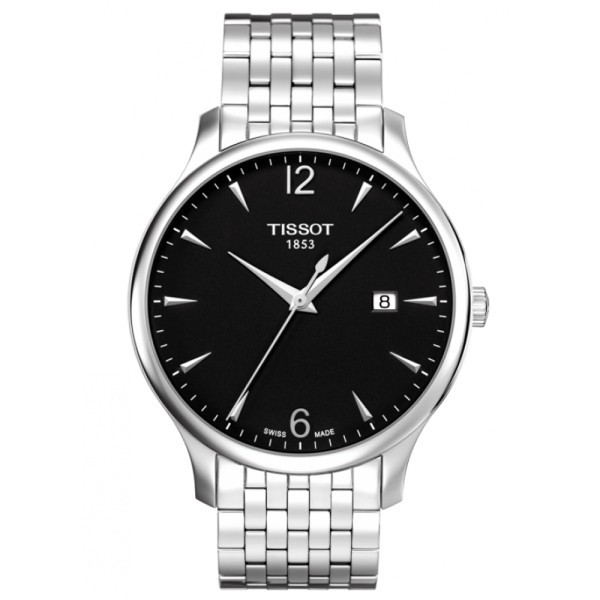 Montre Tissot T-Classic Tradition quartz cadran noir chiffres arabes bracelet acier 42 mm