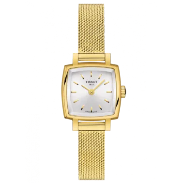 Montre Tissot T-Lady Lovely Square quartz cadran argenté bracelet maille milanaise acier PVD doré