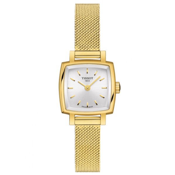 Montre Tissot T-Lady Lovely Square quartz cadran argenté bracelet maille milanaise acier PVD doré