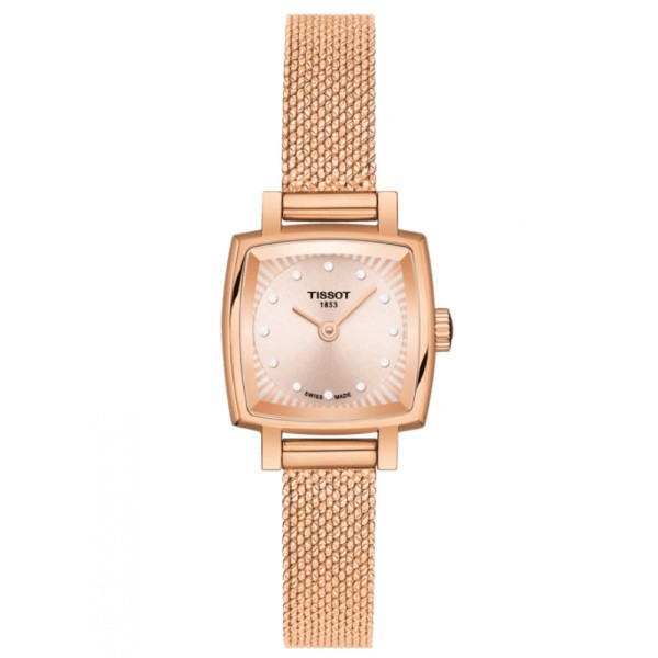 Montre Tissot T-Lady Lovely Square quartz acier PVD doré rose bracelet maille milanaise