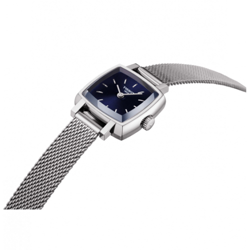 Montre Tissot T-Lady Lovely Square quartz acier cadran bleu bracelet maille milanaise
